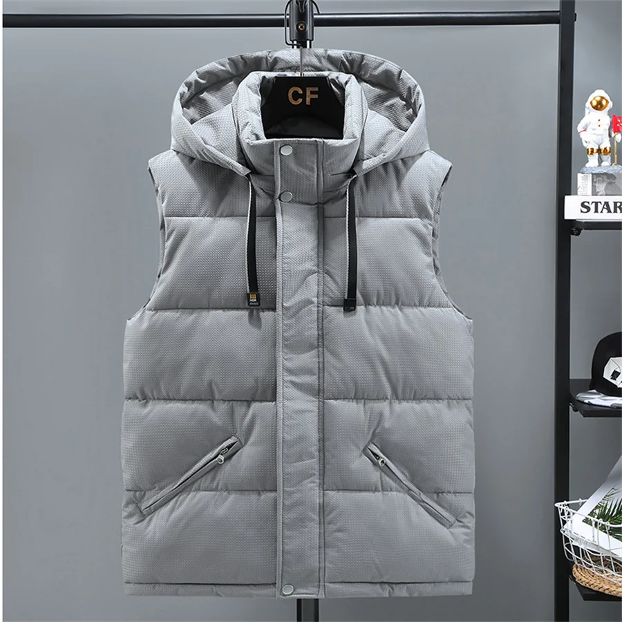 Oversize 8XL Men Cotton Padded Vest Winter Warm Hooded Outerwear Thick Coat Sleeveless Jacket Solid Waistcoat Men's Clothing 7XL