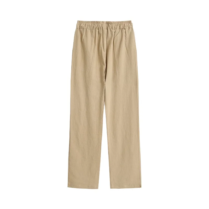 Basic Solid Color Thin Men's Pants Cotton Linen Trousers Fashion Baggy Straight Pant Drawstring Elasticated Waist Casual Pants