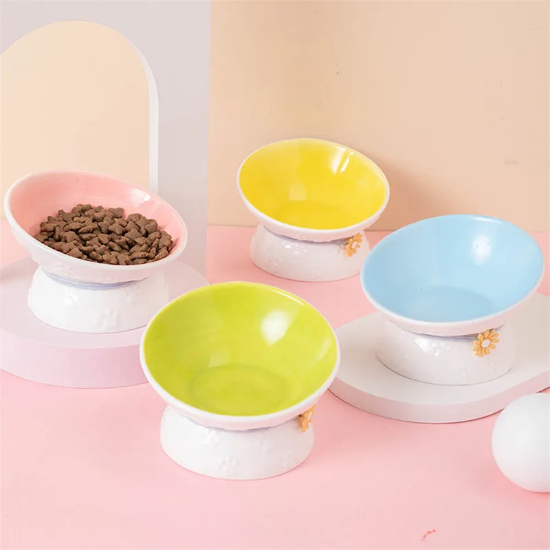 Cute Ceramic Cat Food Bowl for Pets Puppy Feeder Dish with Non-Slip Water Tilt Feature Pet Supplies Raised Feeding Tableware