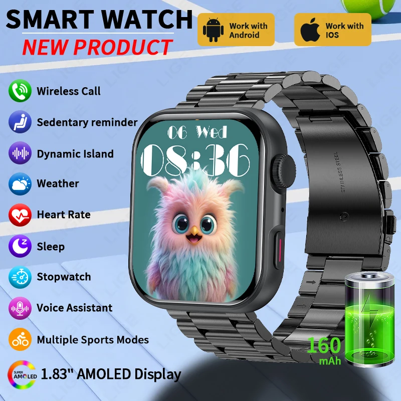 

Смарт-часы LIGE с Bluetooth-вызовами для мужчин, 1,83-дюймовый AMOLED HD-экран, датчик сердечного ритма, кровяного давления, спортивный GPS-трекер, водонепроницаемые умные часы