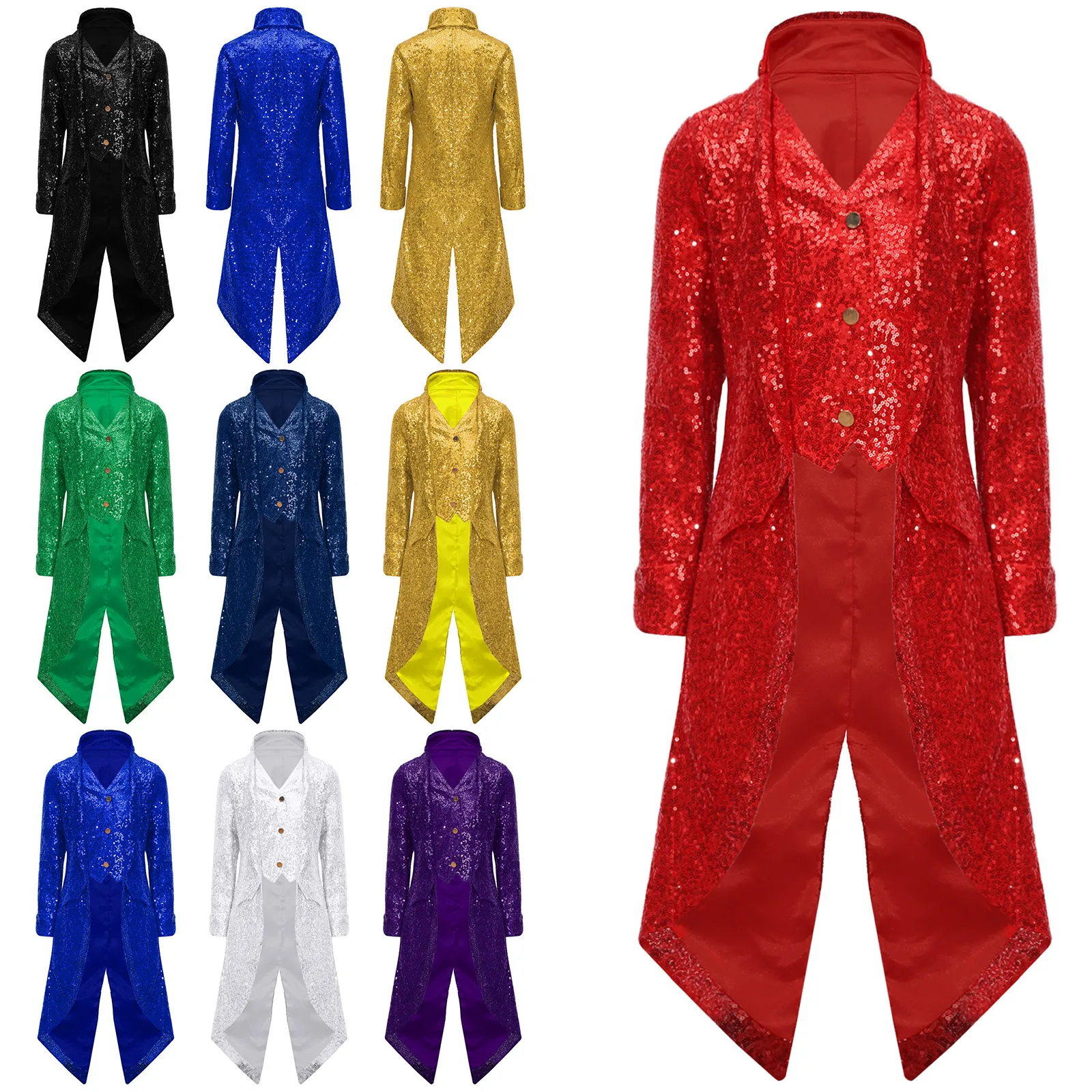 Kids Boys Sparkly Tailcoat Jacket Halloween Costume Gothic Steampunk Victorian Frock Coat Long Sleeve Sequins Tuxedo Blazer