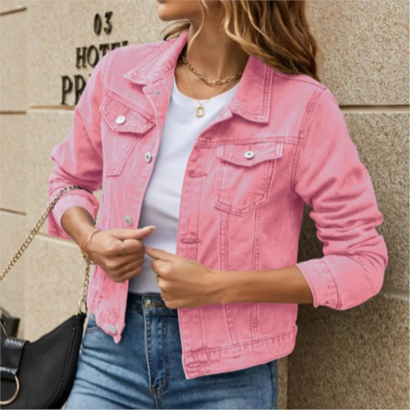 Women's Denim Lapel Single Breasted Jackets Spring Autumn Casual Fashion Button Pocket Long Sleeve Solid Color Lady Coat