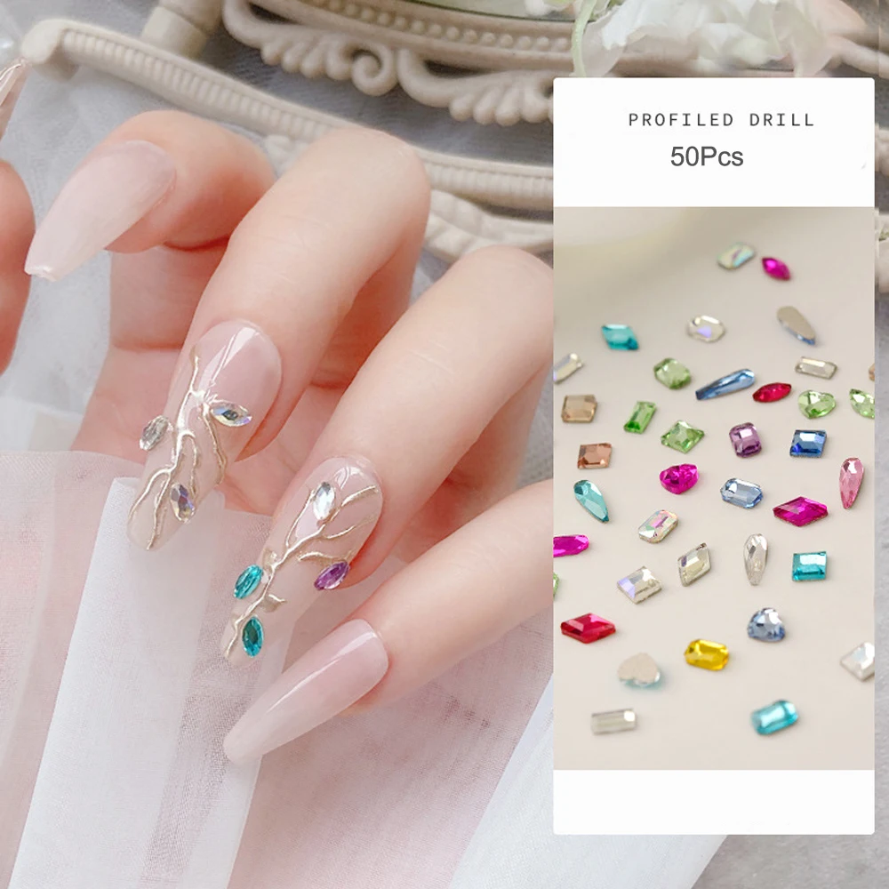 50pcs Mini Heart Flat-Back Nails Rhinestone 3D Crystal Candy Color Hot Glass Shiny Nail Decoration DIY Glitter Gem Nail Parts