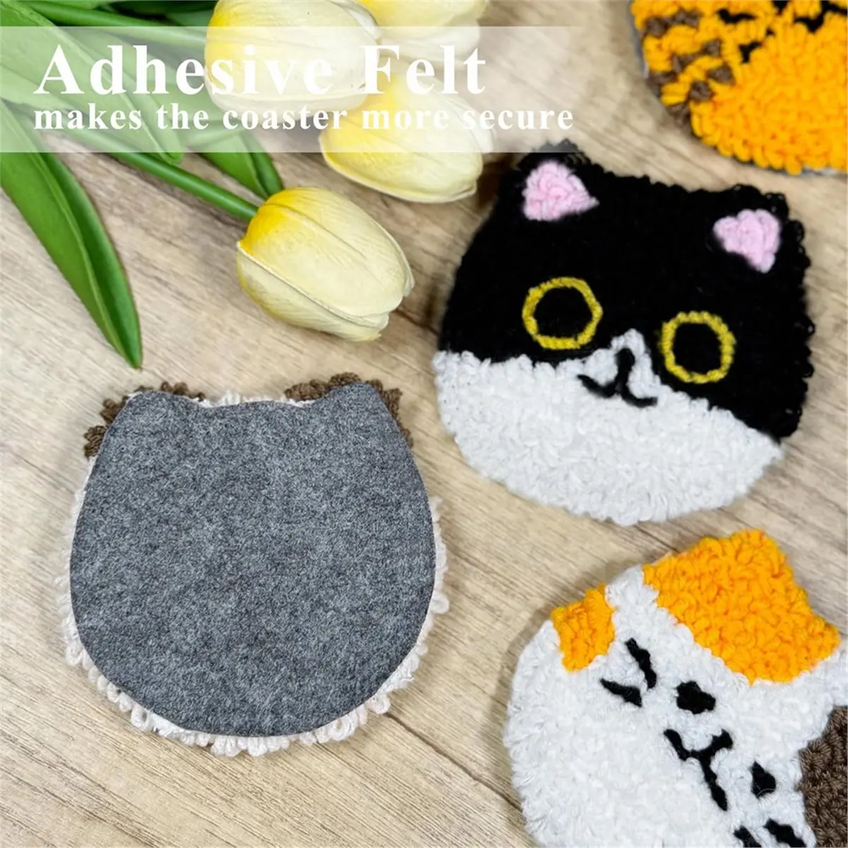 Utility Design Punch Needle Coasters Kit, Punch Needle Kits Adults Beginner, Cat Coasters Kit with Adhesive Felt, Yarns,Embroide