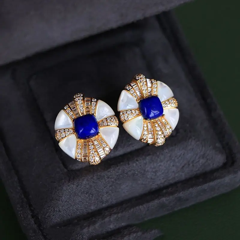 Exquisite high-end White Fritillaria blue stud earings Elegant Court style lapis lazuli earrings for women silver jewelry