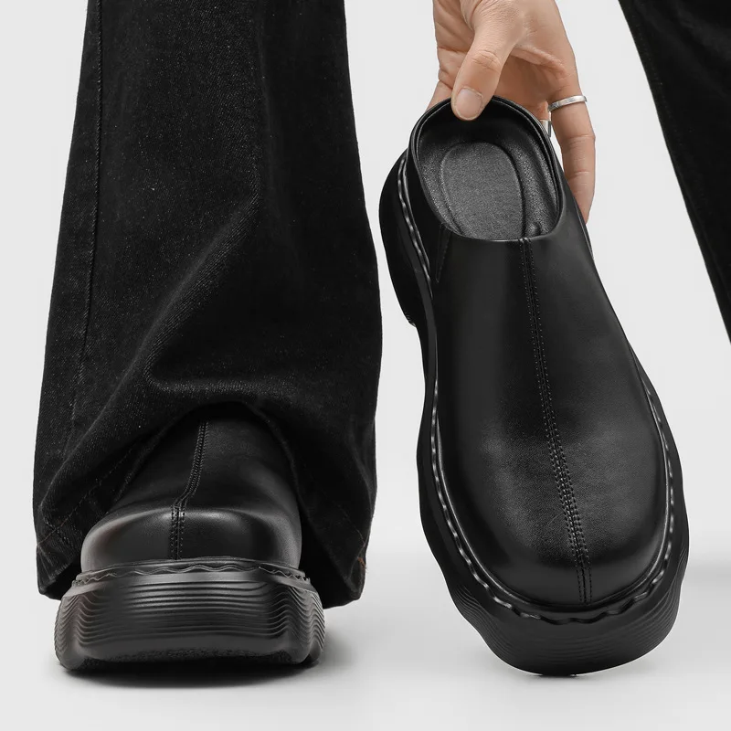 

men's casual original leather half shoes slip-on lazy shoe black trendy summer sneakers breathable designer platform footwear
