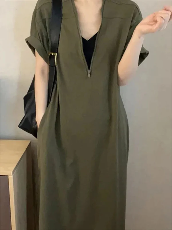 Rétro Hepburn Sle T-shirt coupe ample Dr été nouvelle grande taille 300 Pou fermeture éclair a-ligne Dr coréen taille haute V-Ne Long...