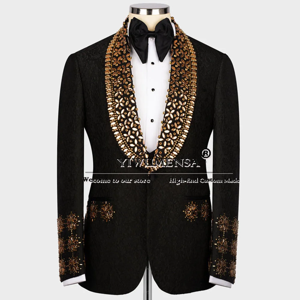 

Luxury Gold Diamond Stone Suits Men For Wedding Tailored Made Shawl Lapel Jacquard Jacket Vest Pants 3 Pieces Groom Tuxedos