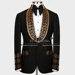 Luxury Gold Diamond Stone Suits Men For Wedding Tailored Made Shawl Lapel Jacquard Jacket Vest Pants 3 Pieces Groom Tuxedos