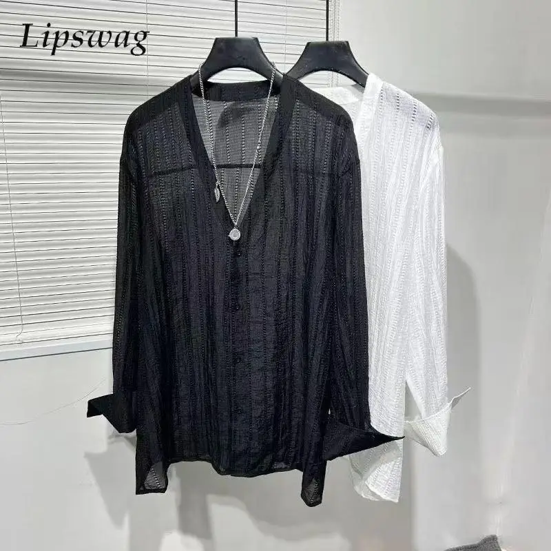Transparent Thin Mesh Tops Men Vintage Button-up V Neck Shirts For Mens Long Sleeve Solid Color Cardigan Spring Men\'s Clothing