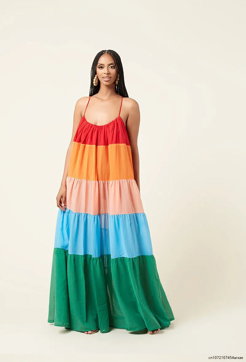 Vestido Midi informal de verano para mujer, traje Multicolor de retazos con escote en V y tirantes, sin mangas, 2024