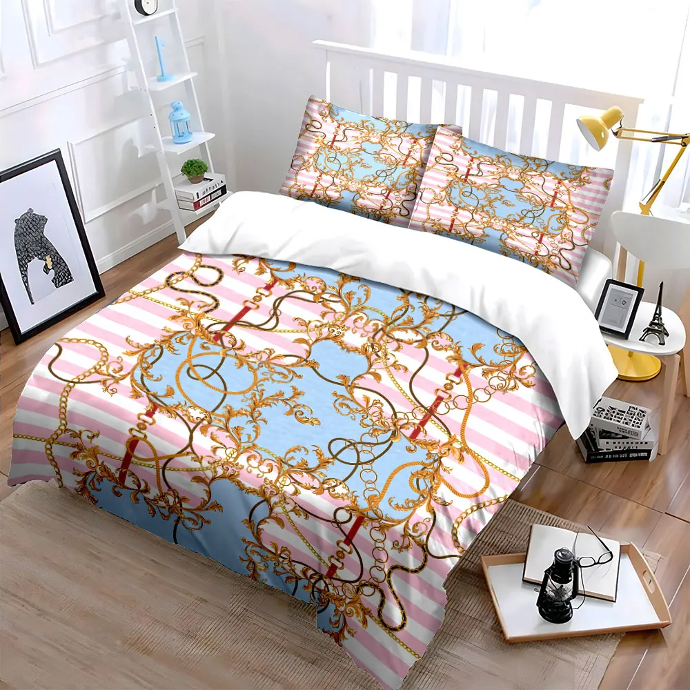 Ornate gold patterns with stripe print Duvet Cover Set with 3D Printing Design Soft Polyester Bedding Set All-Season Comfort