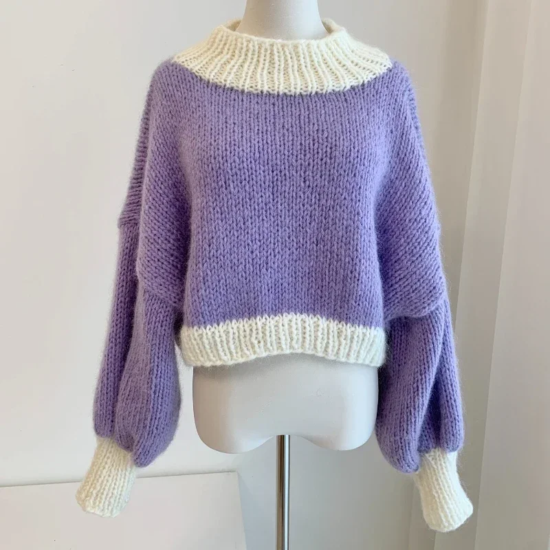 

Winter New Collection 2023 Women High Quality Purple Jacquard Pullover Handmade Sweater