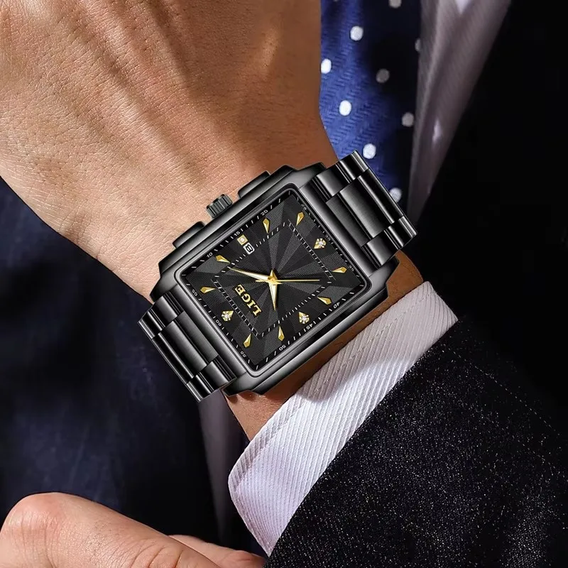 LIGE 캐주얼 디자인 남성용 쿼츠 시계 패션 스테인레스 스틸 남성용 손목 시계 비즈니스 스퀘어 남성 시계 + 박스 미국에서 배송