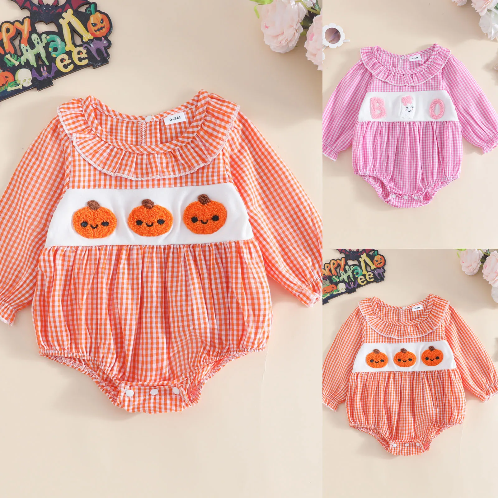 

Newborn Baby Girl Romper Halloween Pumpkin Embroidered Round Neck Long Sleeve Fashion Plaid Bodysuit Toddler Crawling Clothes