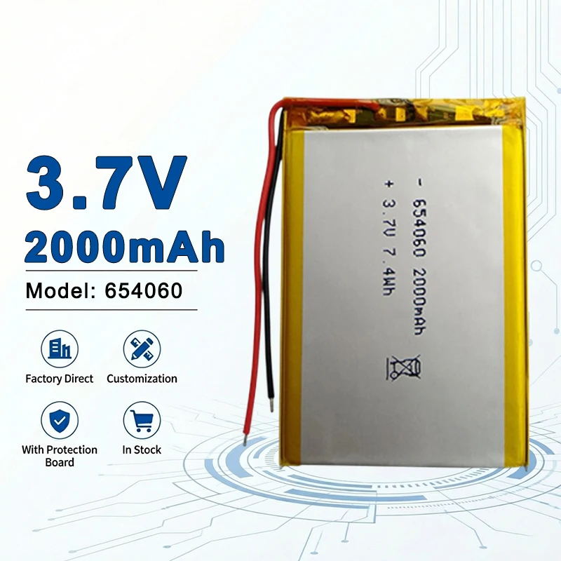 

Литий-полимерный аккумулятор 654060 3.7V 2000mAh, перезаряжаемая LiPo батарея для бытовой техники 505573 903659 104050 655063 755060