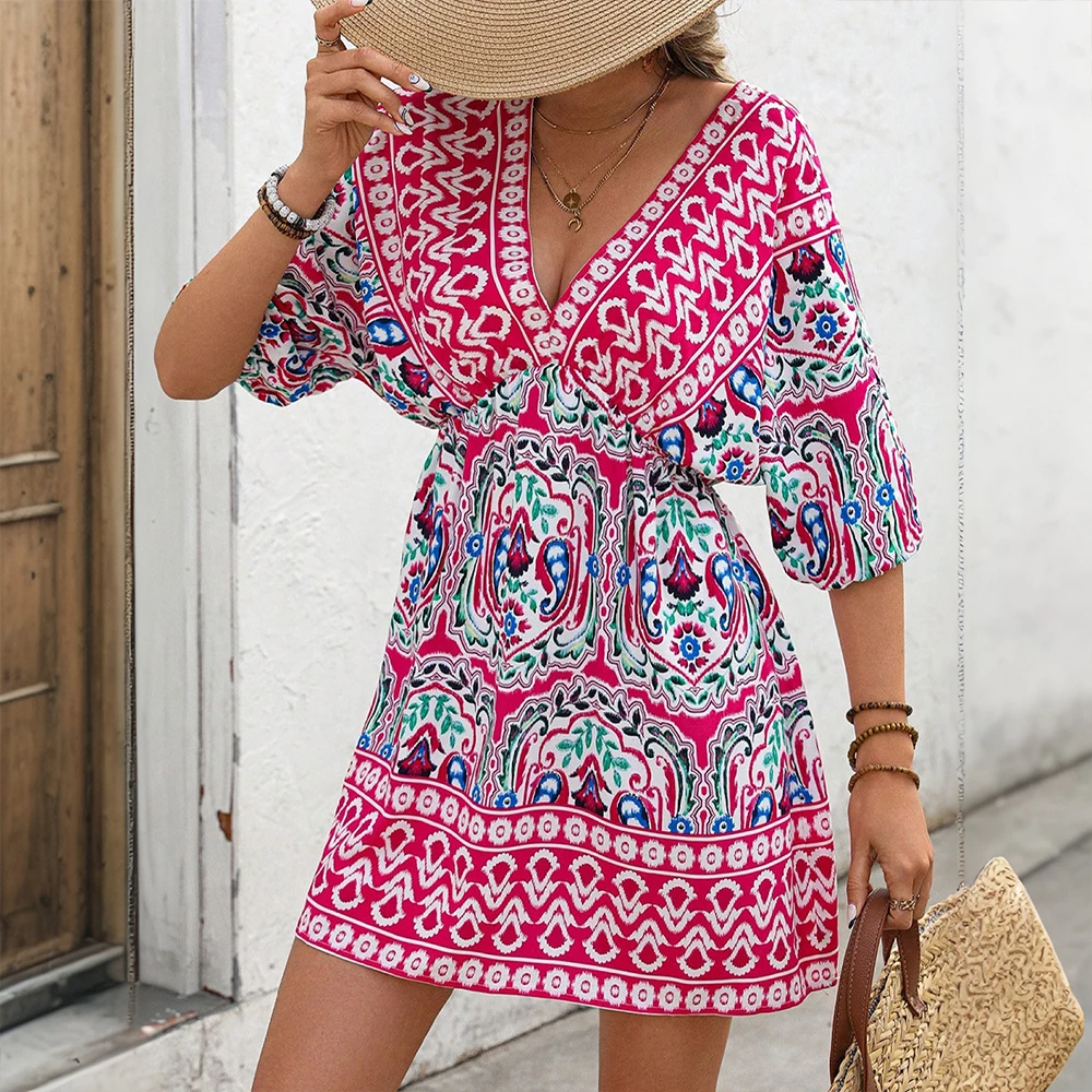 夏のレディースカジュアルビーチホリデープルオーバーサンドレス、女性用ボヘミアン風花柄Vネックランタン袖バックレスミニドレス