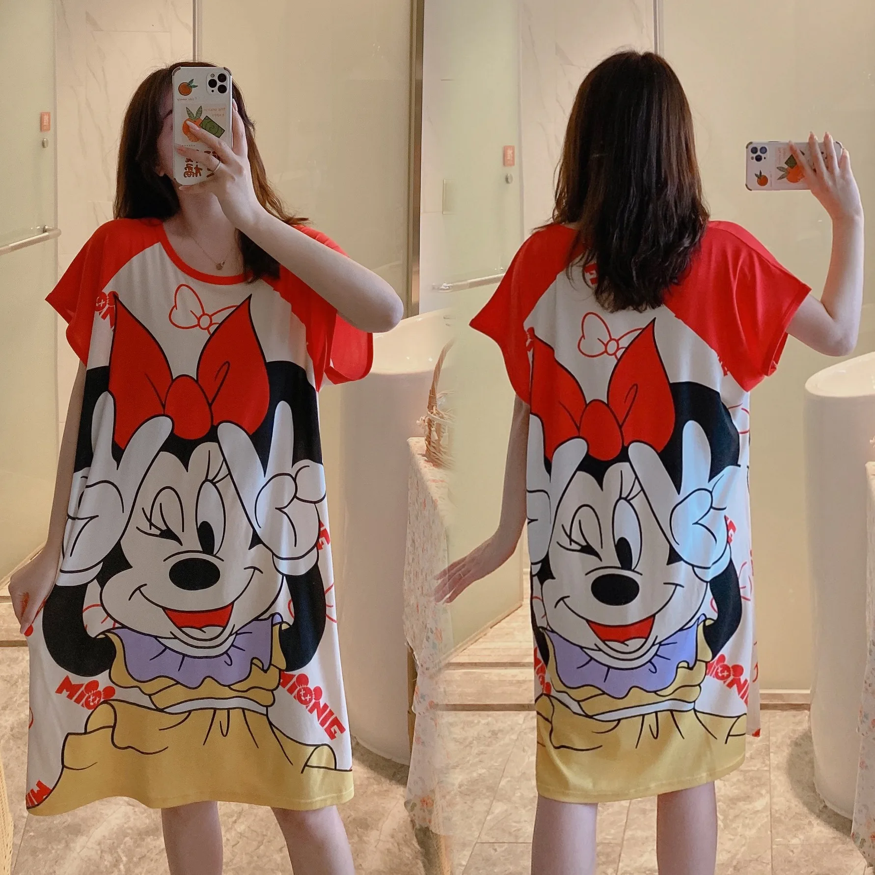 

1PCS Nightdress Minnie Pajamas Medium Long Women's Summer Thin Loose Cartoon Nightdress Short-Sleeved Dress Home Service