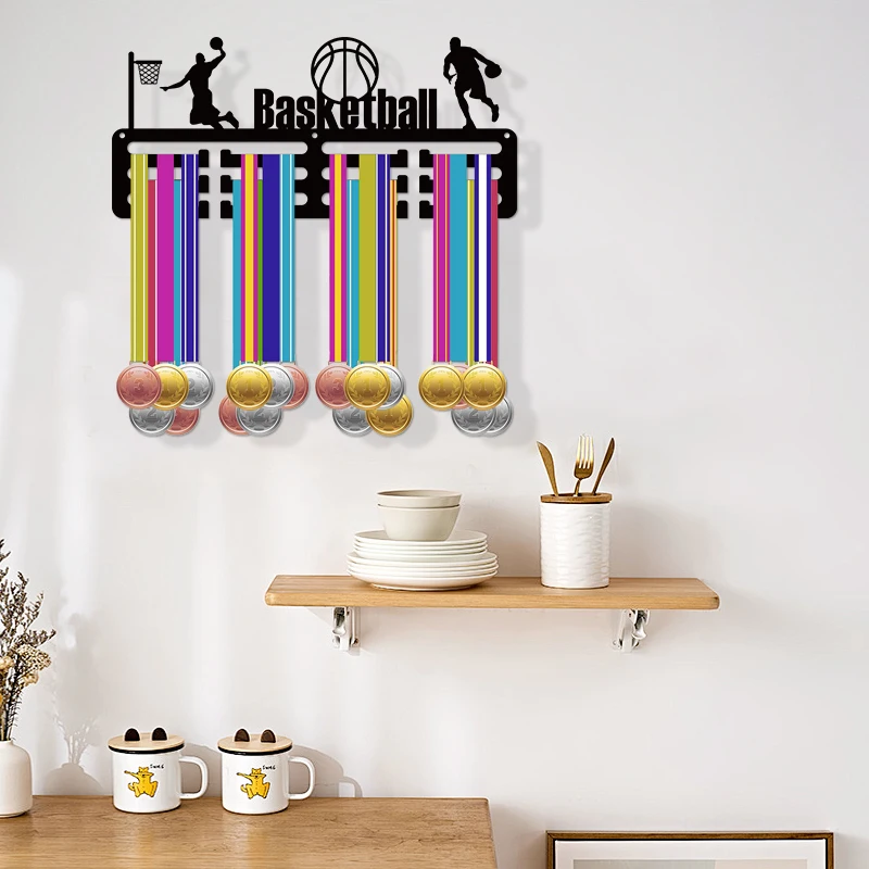 

1pc wall mounted basketball medal display stand with multiple hooks, perfect for competitions and sports, used for installing an