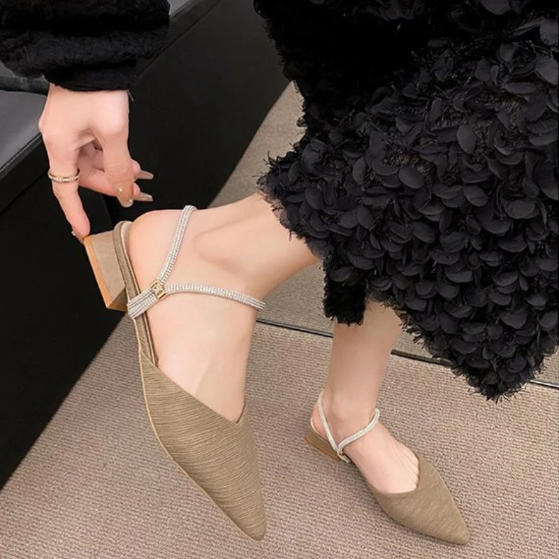 Women Mules Shoes 2024 Summer New Pointed Toe Chunky Heels Ladies Slippers Fashion Plus Size Dress Party Mid Heel Shoes Women