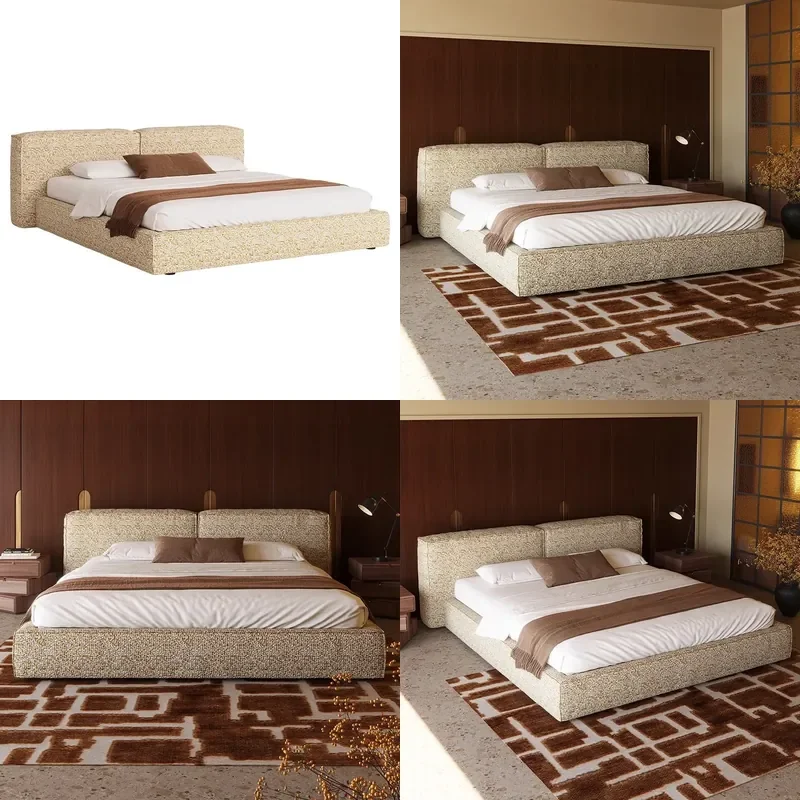 Wabi Sabi Tofu Block Double Bed Cotton Linen Fabric Modern Light Luxury Master Bedroom Villa Furniture