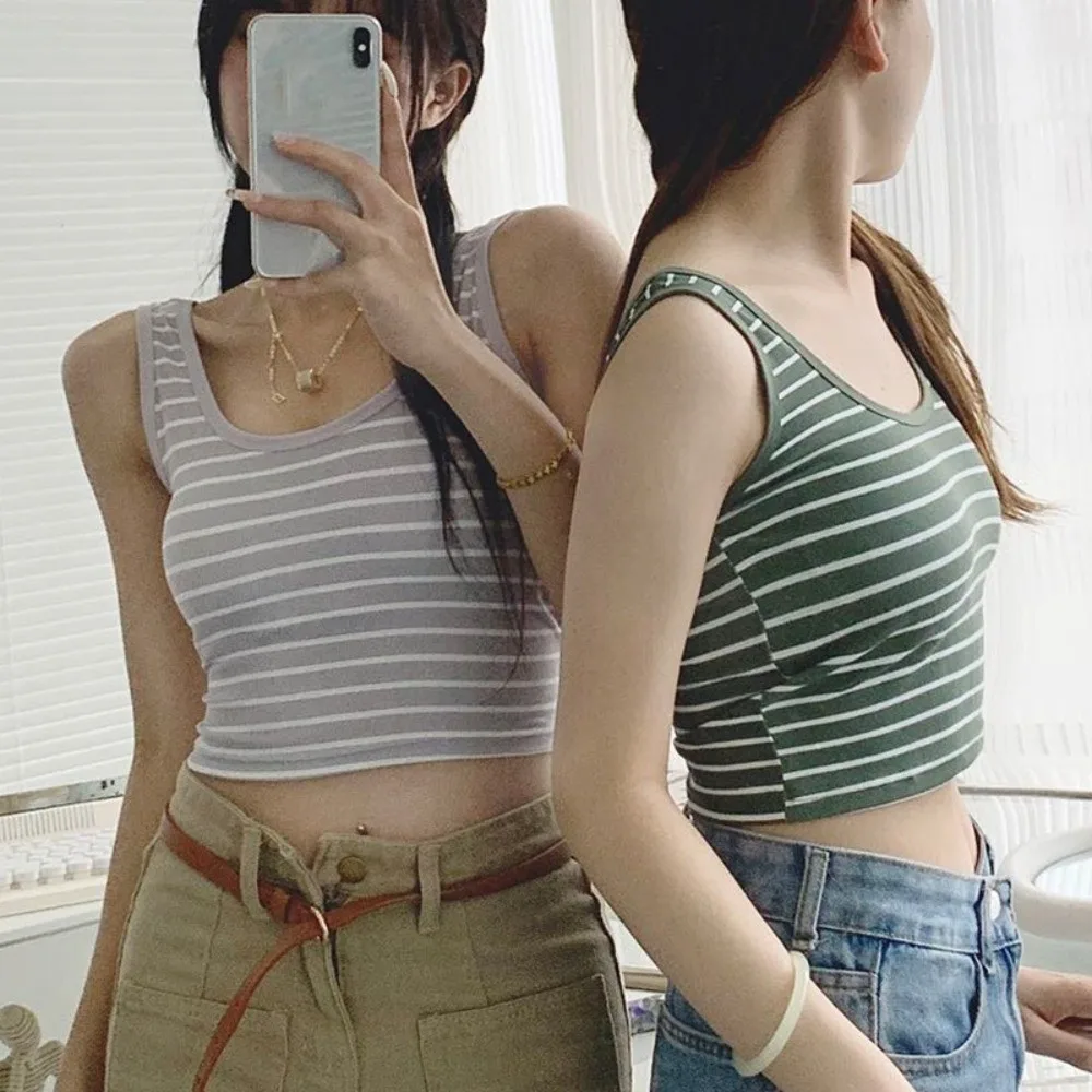 New Color-blocked Summer Striped Tank Top U-neck with Padded Bra Sleeveless Top Anti-exposure Girlish Tank Vest