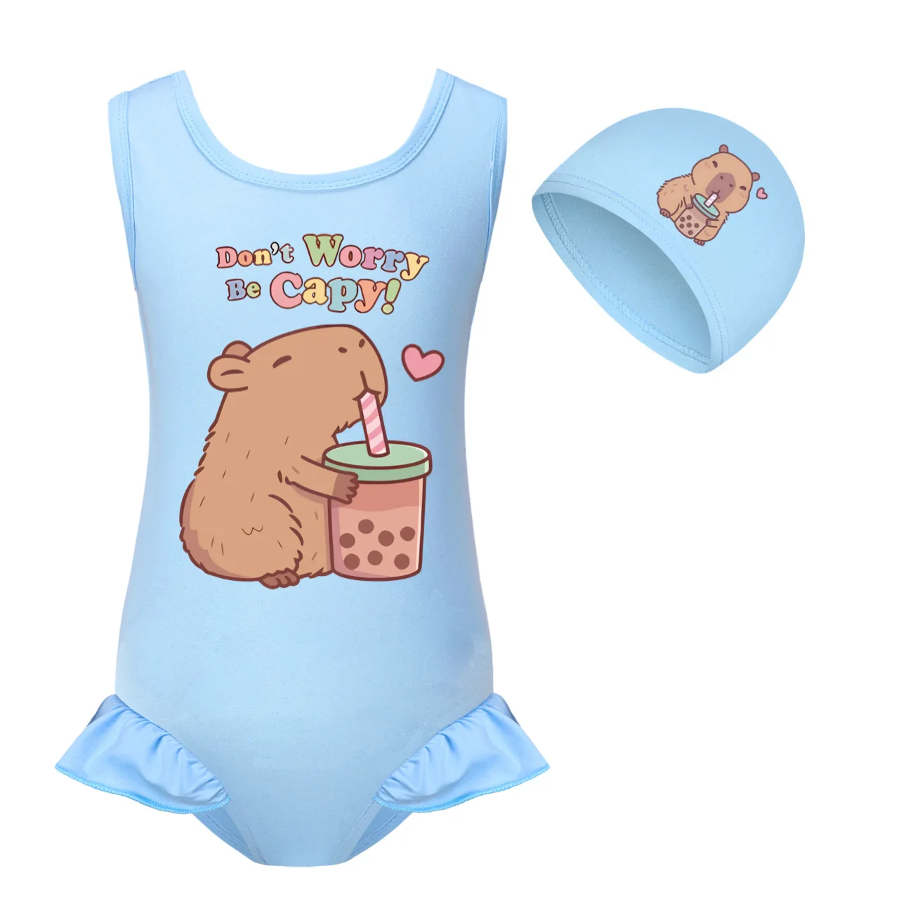 Cute Capybara Loves Bubble Tea Clothes Kids Summer Swimwear Baby Girls One Piece Swimsuit & Cap Children Vacation Bikini Suits