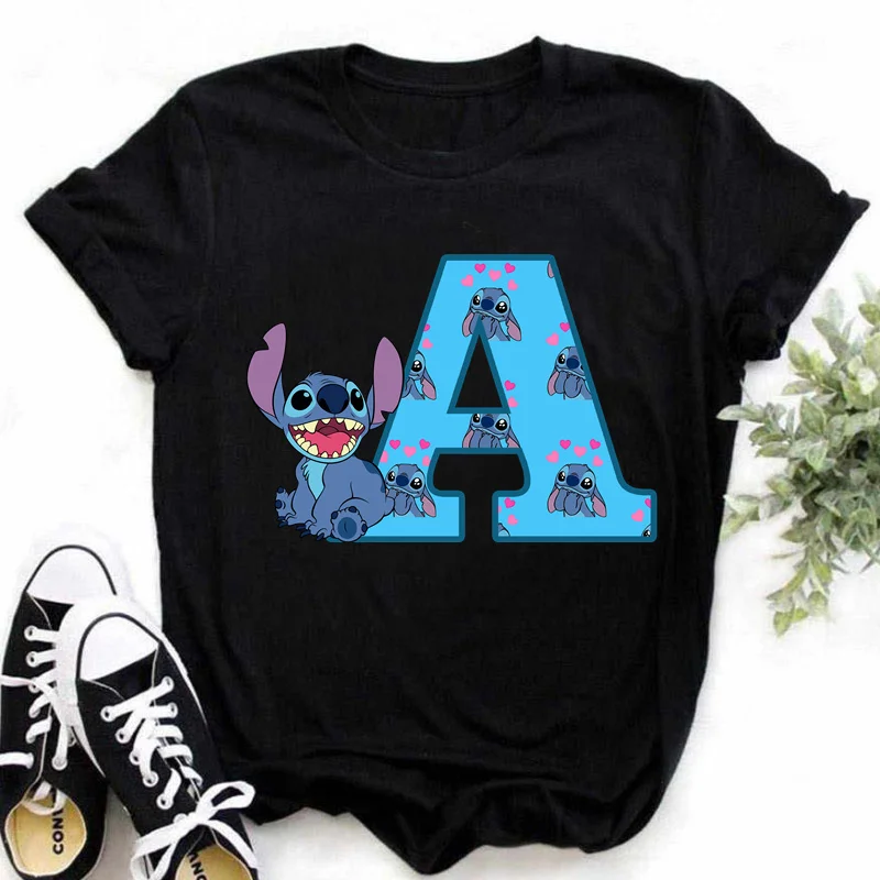 Disney Lilo&Stitch A-Z Alphabet Summer Women\'s Printed T-Shirt Women\'s Casual Tops T-Shirt Fashion Cartoon Plus Size T-Shirt