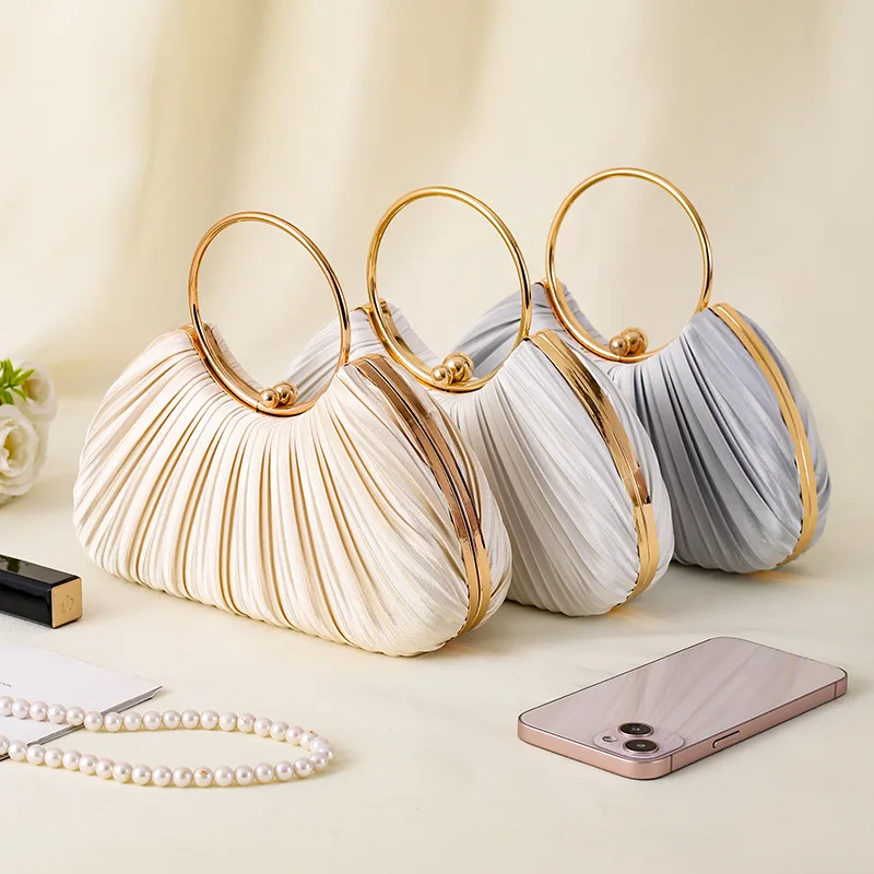 Pleated Evening Handbag Women Top Handle Glitter Day Clutch Ladies Wedding Dinner Dress Clip Bag Diamond Party Purse Gold Colour
