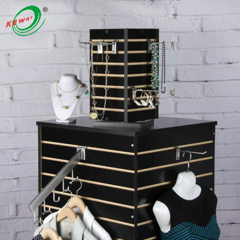 Custom.HIKUYA MDF Rotated Slatwall Display Stand With Metal 4 Side  Rotating Display Stand Counter Display  for Shopping Store