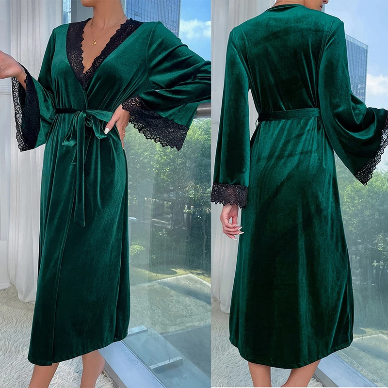 V-Neck Lace Bathrobe Gown Warm Velvet Nightgown Women Home Dress Sexy Sleepwear Long Robe Female Peignoirs Autumn Winter New