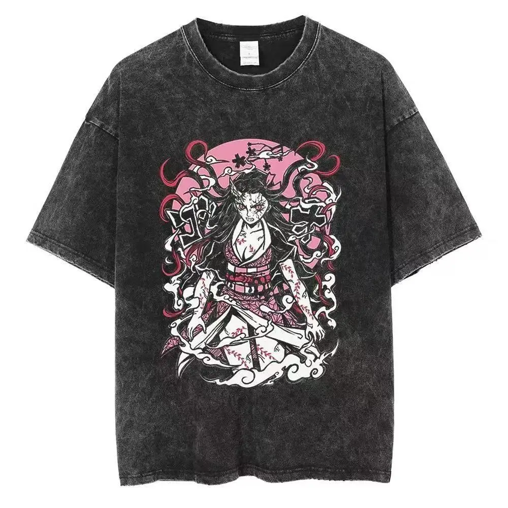 Washed to make old American Ghost Blade anime ukiyo-e summer retro t-shirt street trendy round neck short sleeved t-shirt