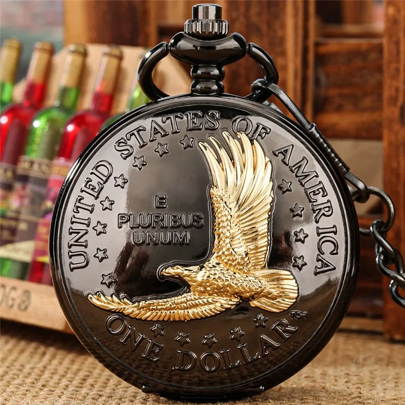 

Vintage Style Pocket Watch United States One Dollar Eagle Men Women Quartz Analog Watches FOB Necklace Chain Roman Number Clock