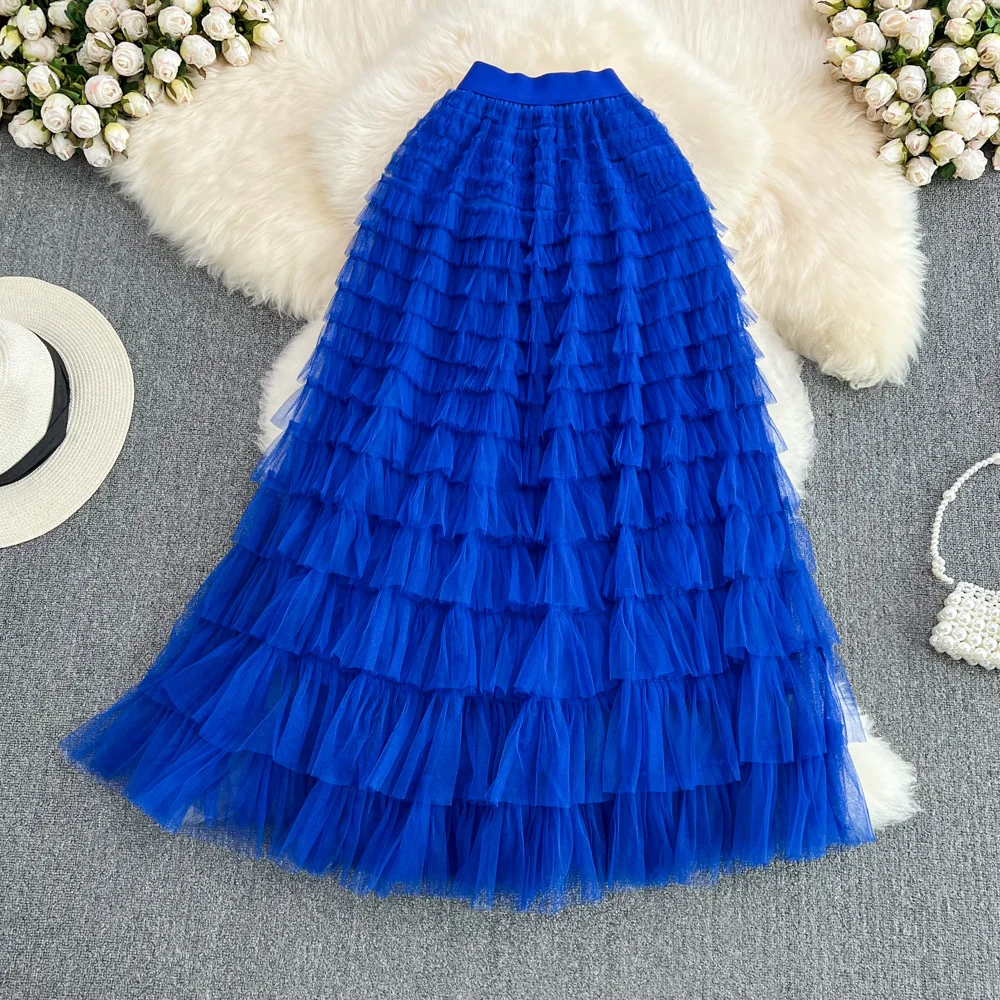 Maxi Mesh Tulle Skirts Women 2023 Summer Cascadding Layer Ruffles Long Skirt Female fashion