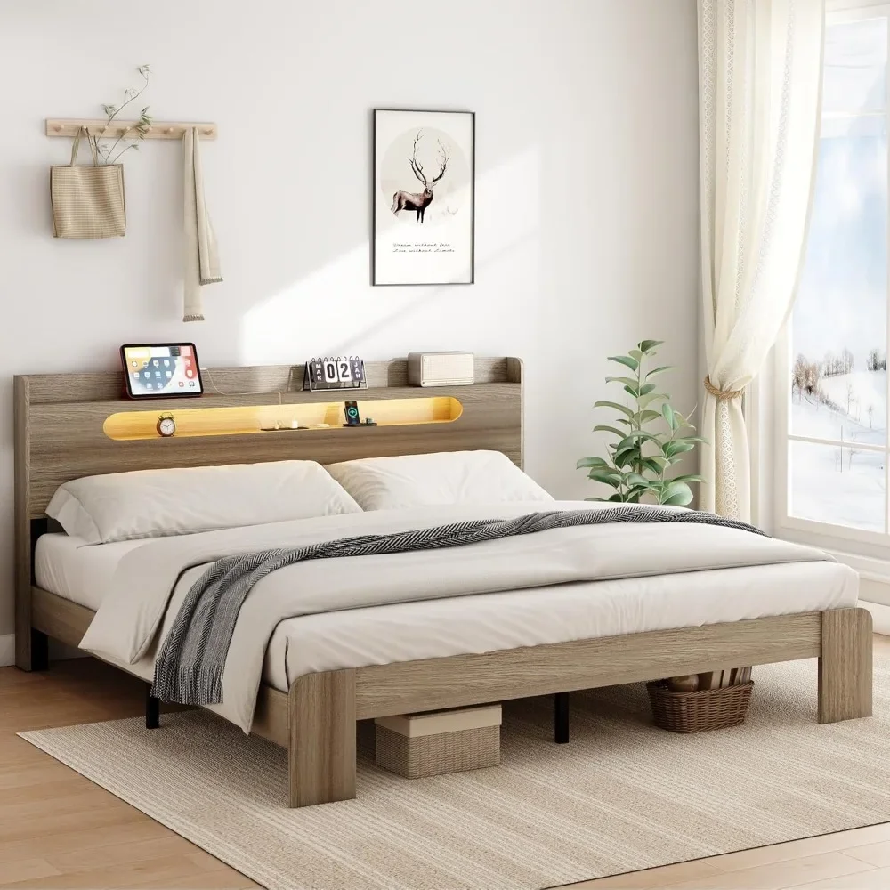 Wooden Bed Frame King Size with Headboard, Rustic Framhouse Platform Bedframe with Wood Slat Support, Sturdy and No Noise