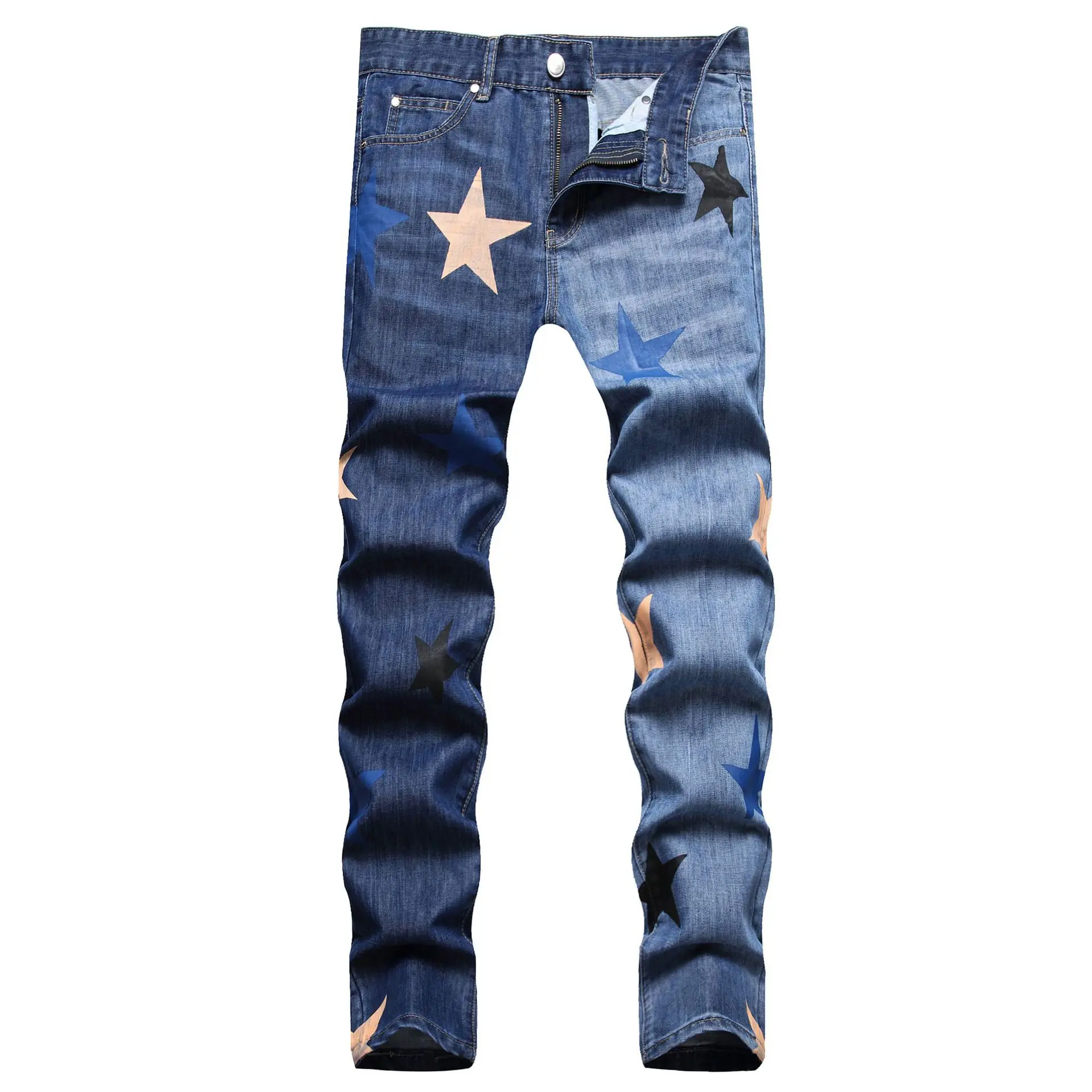 Fall hip hop style double wash water heavy industry cat beard full spray print five-pointed star small straight leg jeans