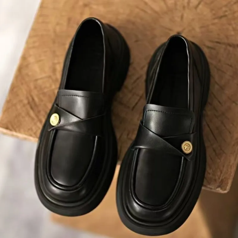 

British Style Women's Loafers Comfortable Thick Bottom Flat Shoes Retro Round Toe Pure Color Spring Autumn Seasonal Footwear