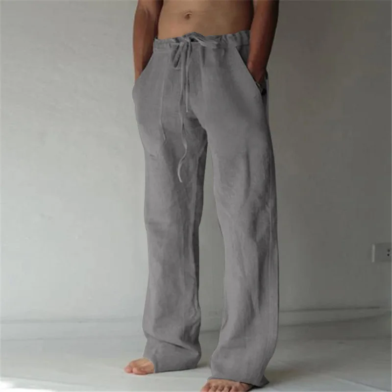 Calça casual de perna larga masculina, monocromática, com renda, algodão e linho, calça confortável, verão, 2024