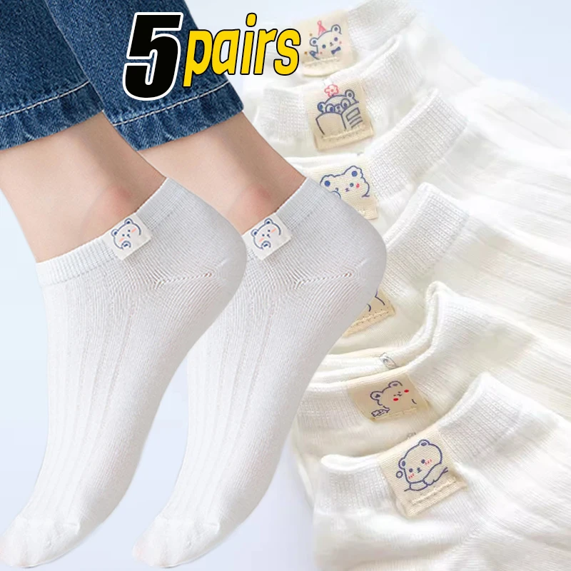 

5Pairs/lot White Cartoon Bear Boat Socks for Women Cute Thin Summer Shallow Socks Cotton Non-Slip Invisible Ankle Short Socks