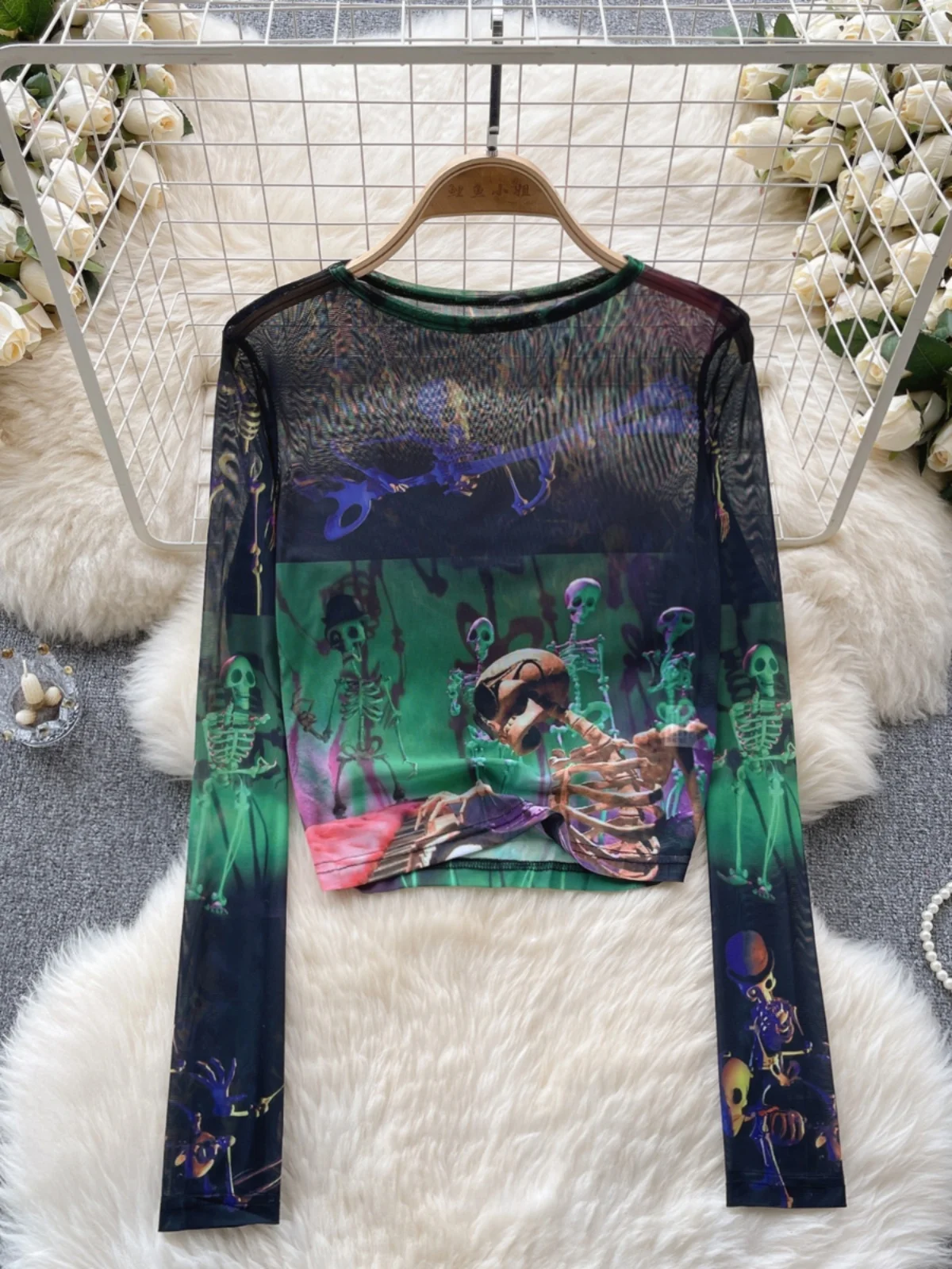 Ladies Fashion Sexy See-through tie-dyed Tshirts Female Strange Taste Girl Hip-hop Clothes Y2k Aesthetic Mesh Hollowing Smock B