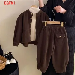 Boys Girls Korean Corduroy Stand Up Collar Single Breasted Top+ Pants Spring Autumn Set Children's Casual Two-piece Set Clothing