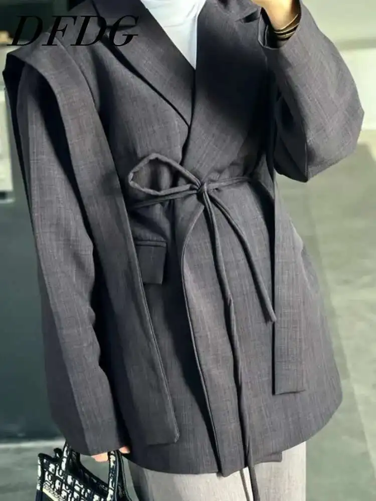 

DFDG Women 2025 The Latest Design Shawl Cuff Irregular Suit Jacket Spring Summer No Buckle Lace-up Solid Color Senior Loose Coat