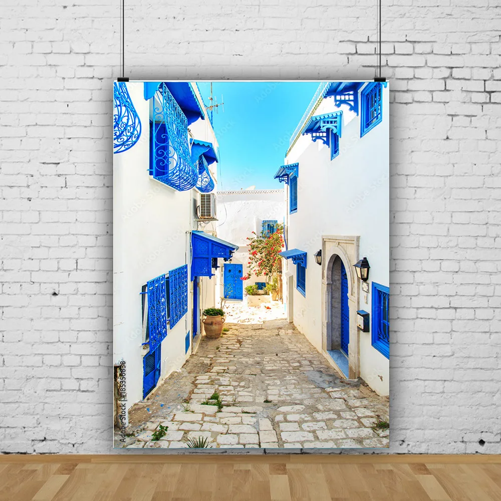 Paisaje de Isla de mar de flores y plantas verdes, casa antigua, pigmento blanco, Fondo de fotografía de boda, utilería LJD-03