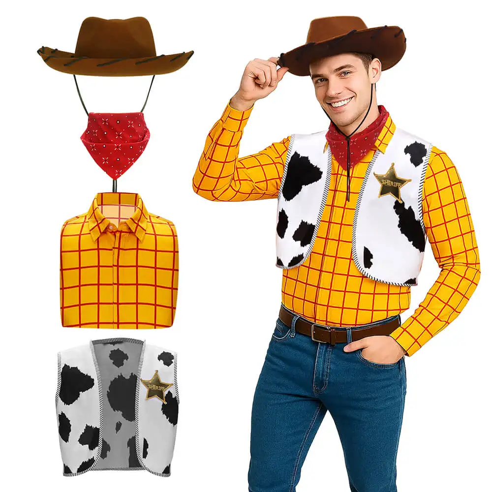 

Cowboy Woody Cosplay Costume Tops with Hat Movie Halloween Outfit Carnival Party Clothing