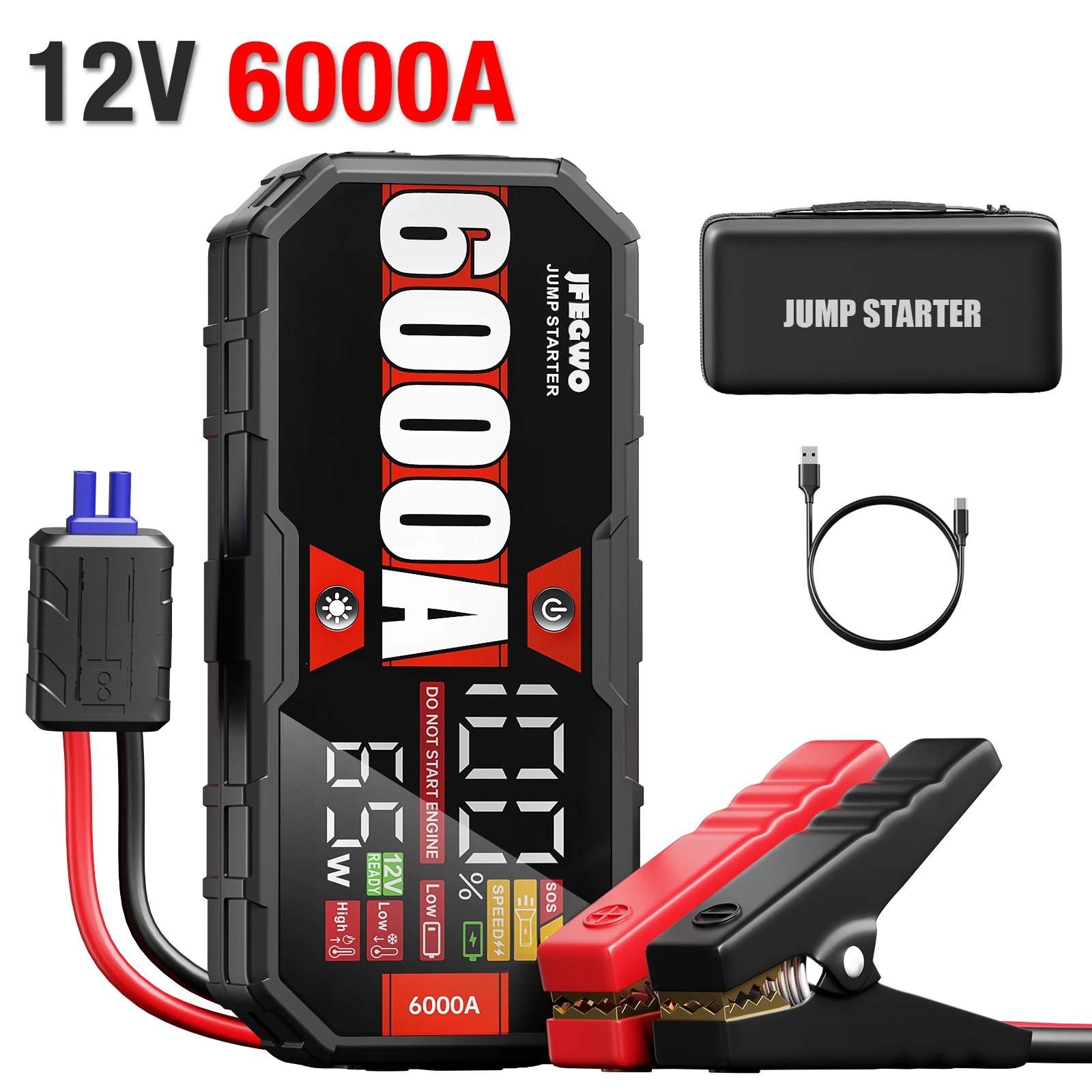 

JFEGWO 12V Jump Start Box 6250A, 20000mAh Battery Booster Pack for Up to 13L Gas/Diesel, LCD Smart Clamps, 0V Force Start, Portable Charger with SOS Light