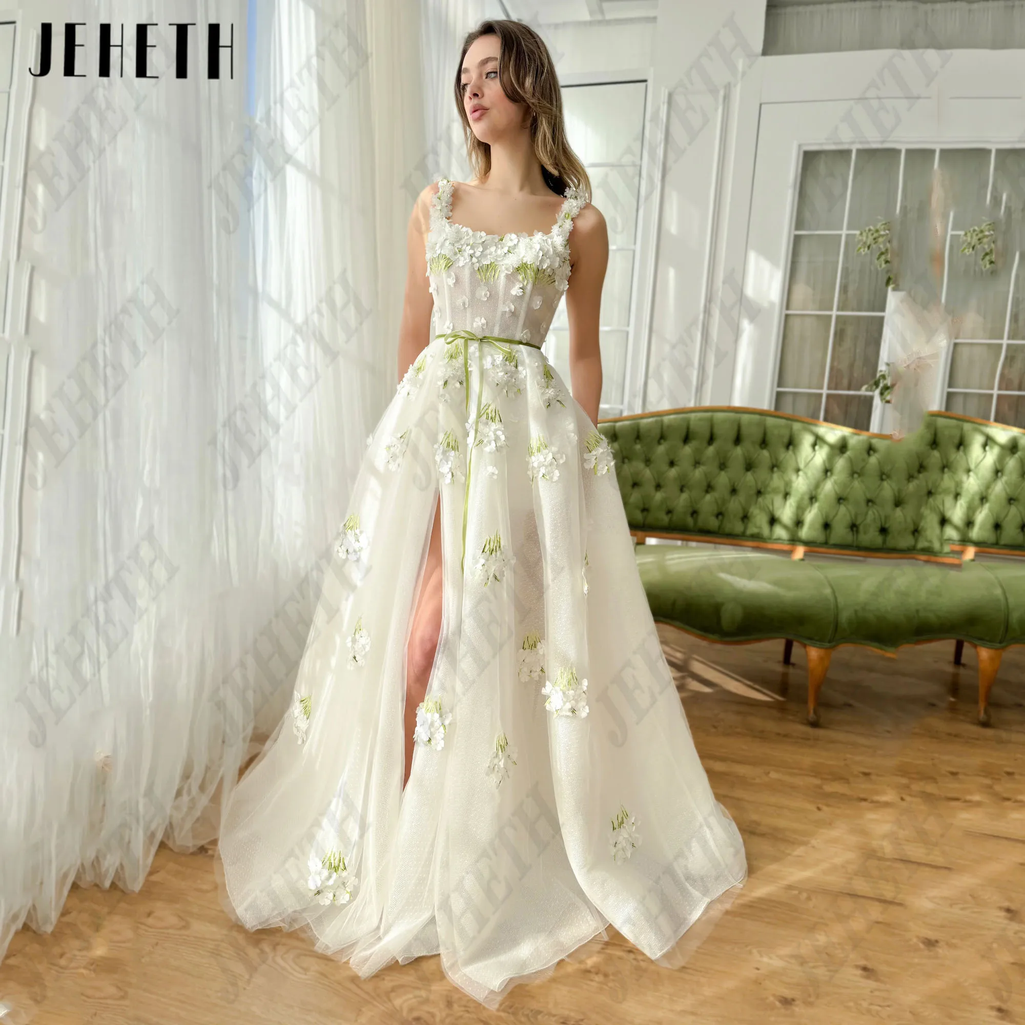 JEHETH Embroidery A-Line Prom Gowns Side Split Flowers Sleeveless Square Collar Tulle Evening Party Dress Sweep Train Custom