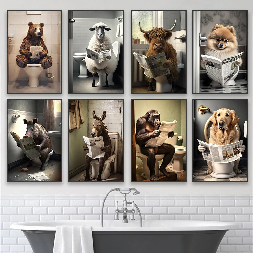 Chimpanzee Sitting On Toilet Reading Newspaper Poster Funny Bathroom Animal Humor Print Pomeranian Canvas Painting Toilet Decor