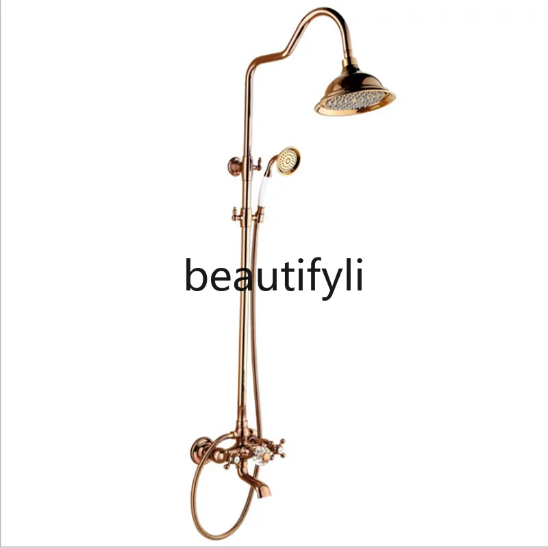 All-copper European shower set, thermostatic shower, bathroom rain, golden rotating nozzle