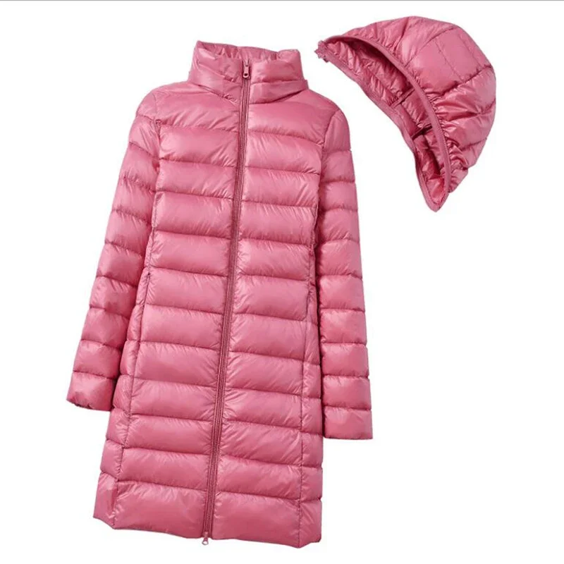 Parka feminina casual com capuz longo, casaco fino e claro, jaqueta puffer, fina, Remove, elegante, Casacos, Inverno, 2023