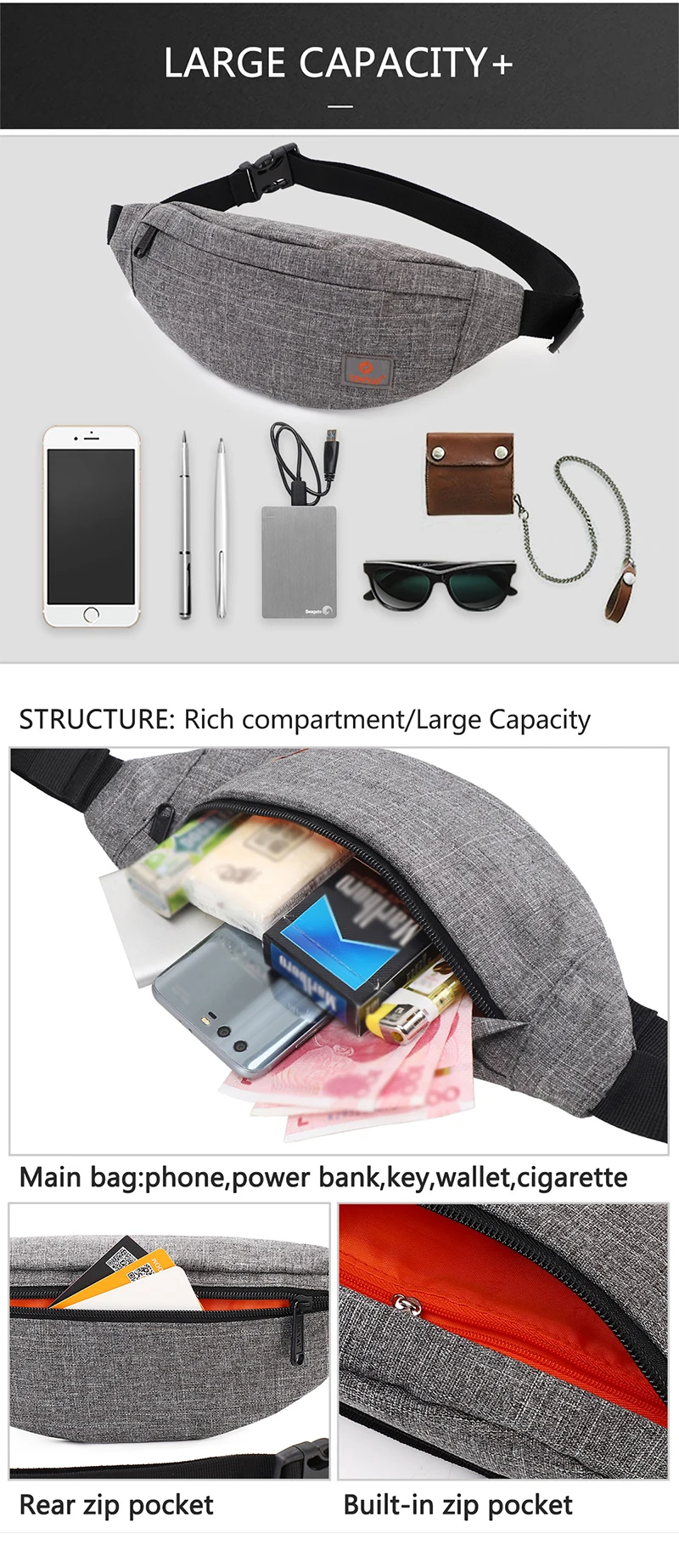 TINYAT Neue Frauen Casual Taille Pack Tasche Marke Leinwand Schulter Fanny Packs Frauen Gürtel Tasche Tasche Für Geld Telefon Schwarz Bum Hüfte Tasche – Detail 3